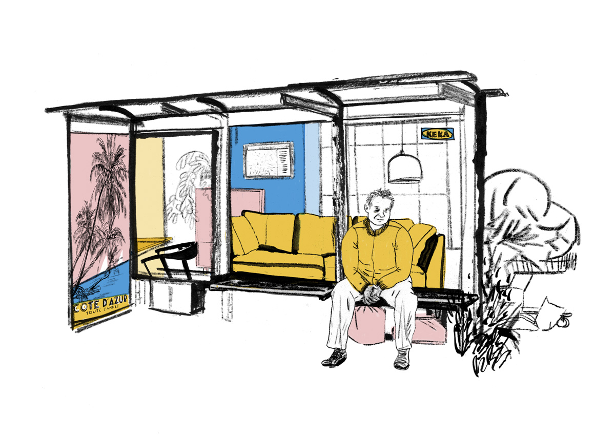 Wohnen in einer Bushaltestelle, Boulevardzeitung Augustin, Illustration, Silke Müller, Linz, Freelance illustrator