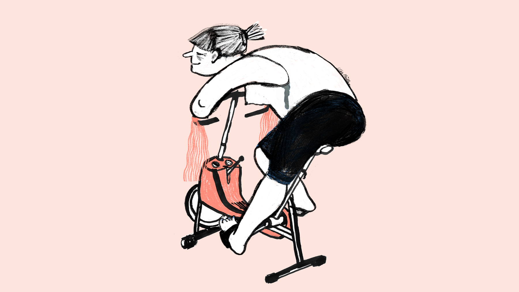 Corona Tagebuch, Comic über homeoffice, die Illustration zeit eine Frau die auf ihrem Hometrainer/ergometer zur "Arbeit Fährt"