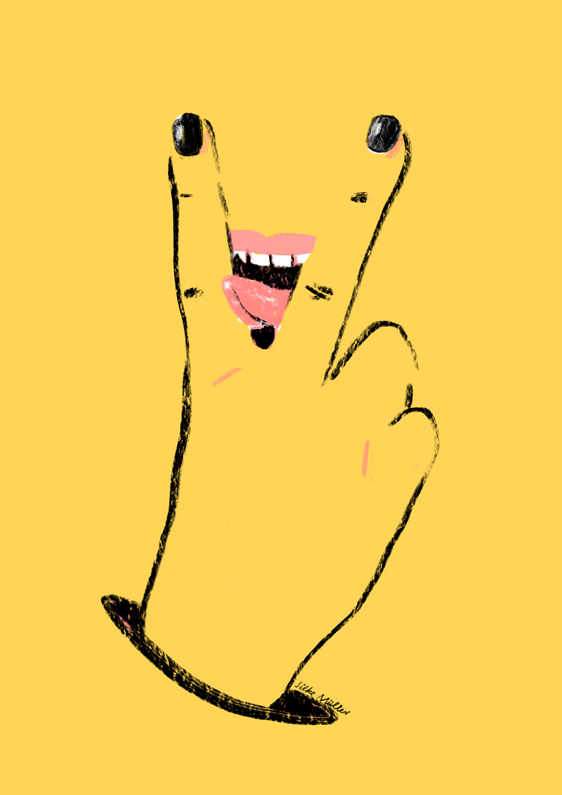 auf einem gelben Plakat macht eine Hand das V-Zeichen für Victory, zwischen den Fingern sieht man Lippen und eine leckende Zunge.