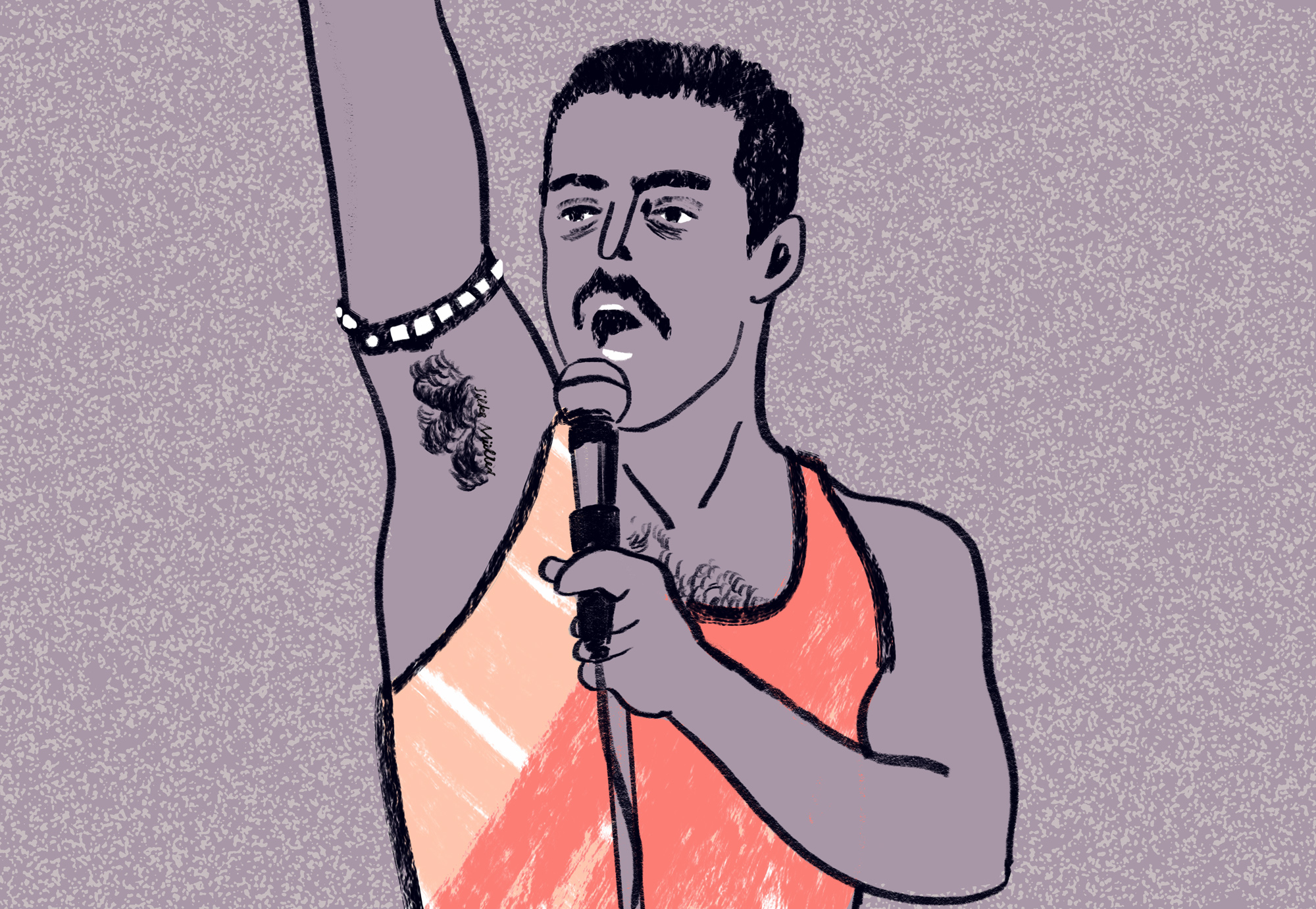Auf der Illustration von Silke Müller sieht man den Schauspieler, der Freddie Mercury spielt, in dem Film Bohemian Rapsody