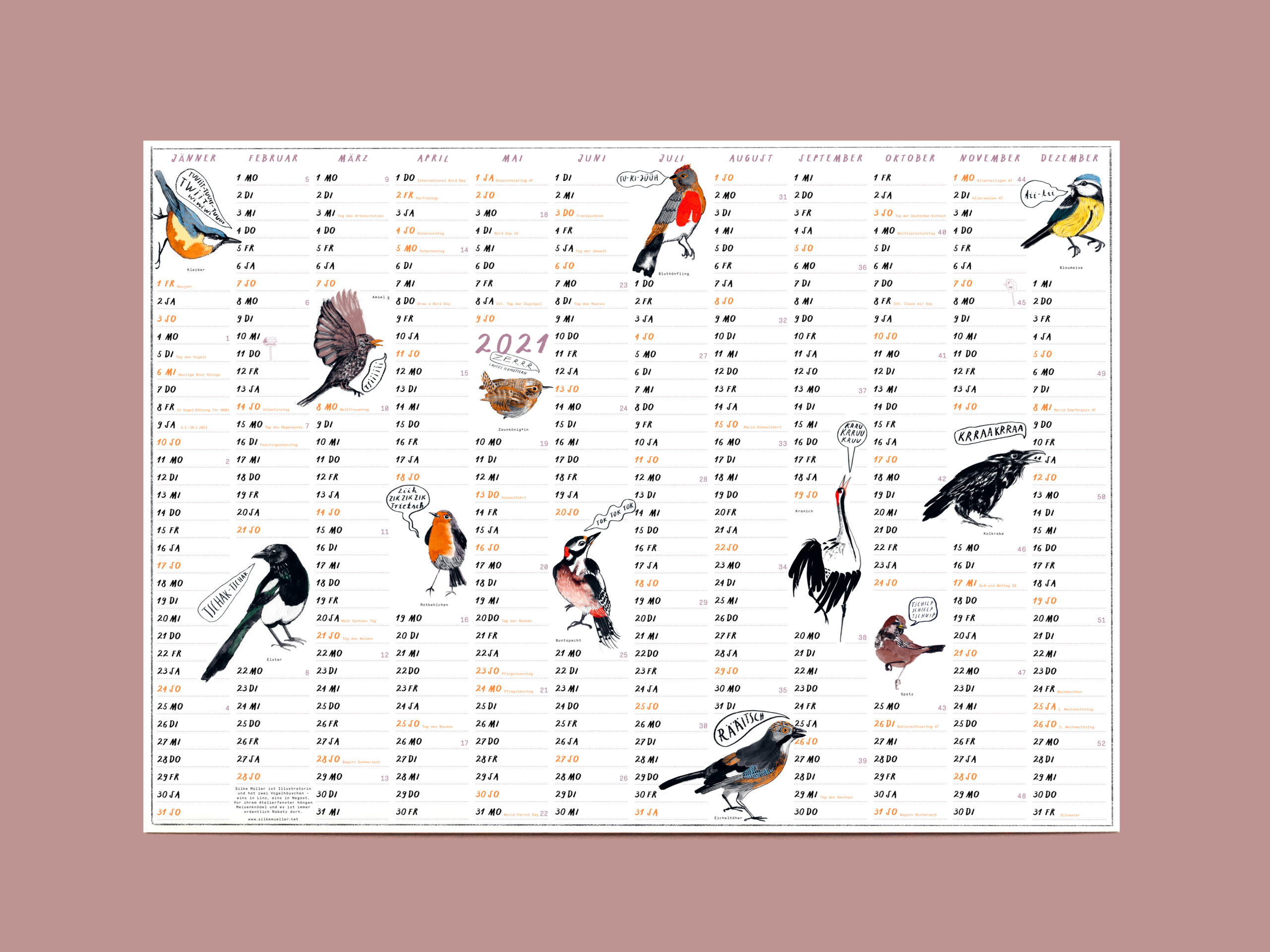 Kalender für 2021 mit Vögeln, illustriert von Silke Müller
