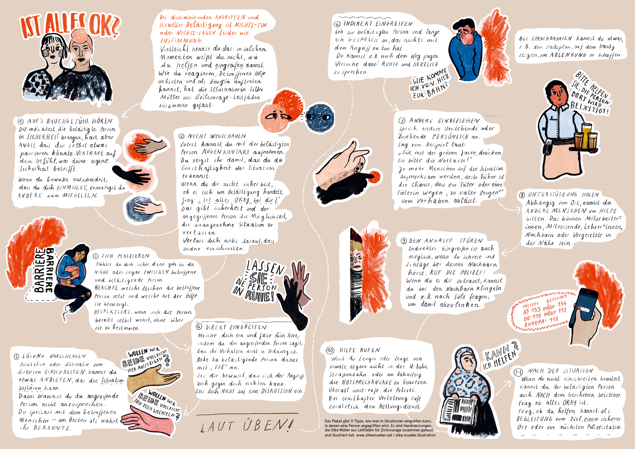 Anleitung · 11 Schritte für zivilcouragiertes Handeln · Bystandertraining | Illustration © Silke Müller