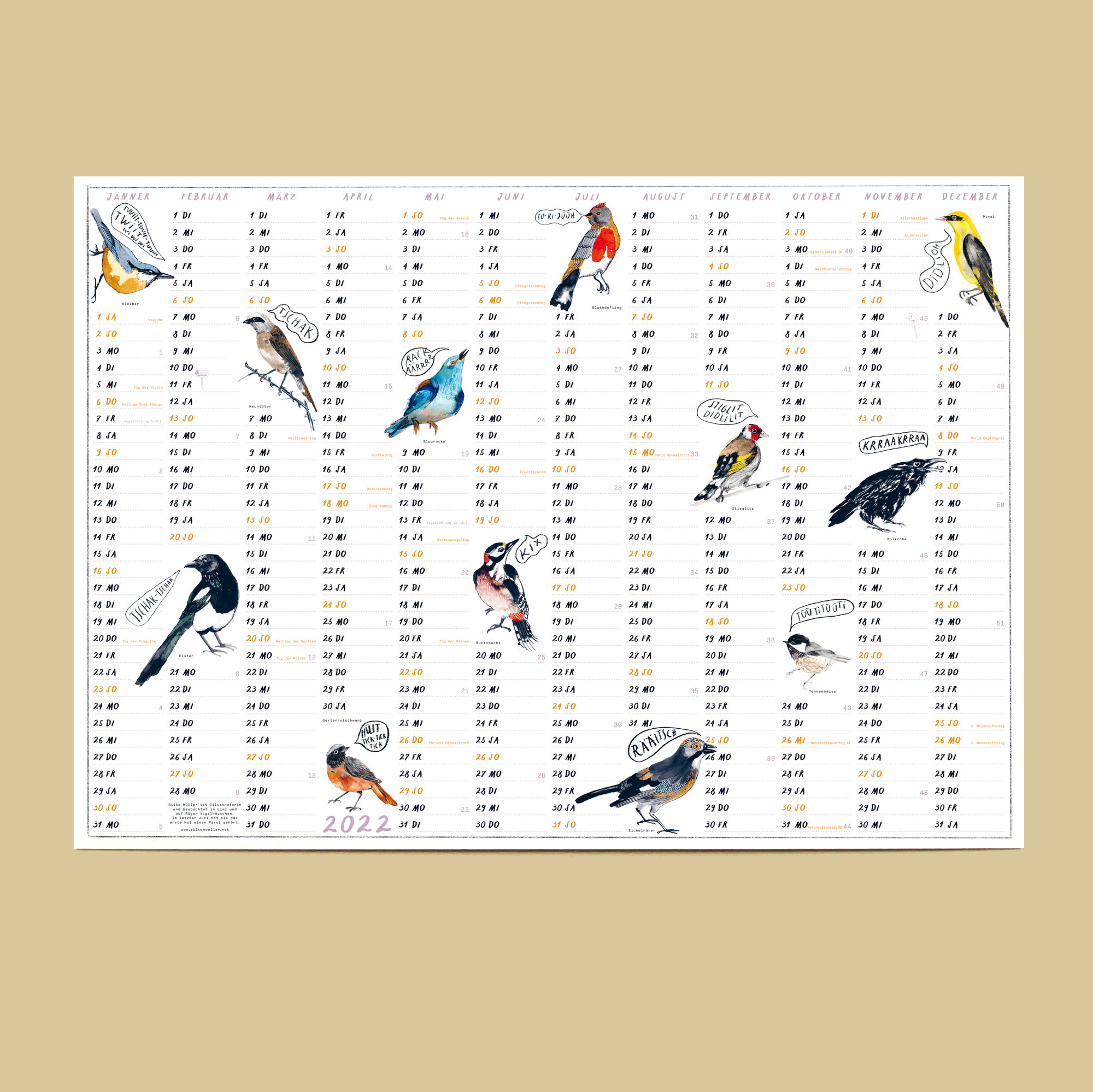 Kalender für 2022 mit Vögeln, illustriert von Silke Müller