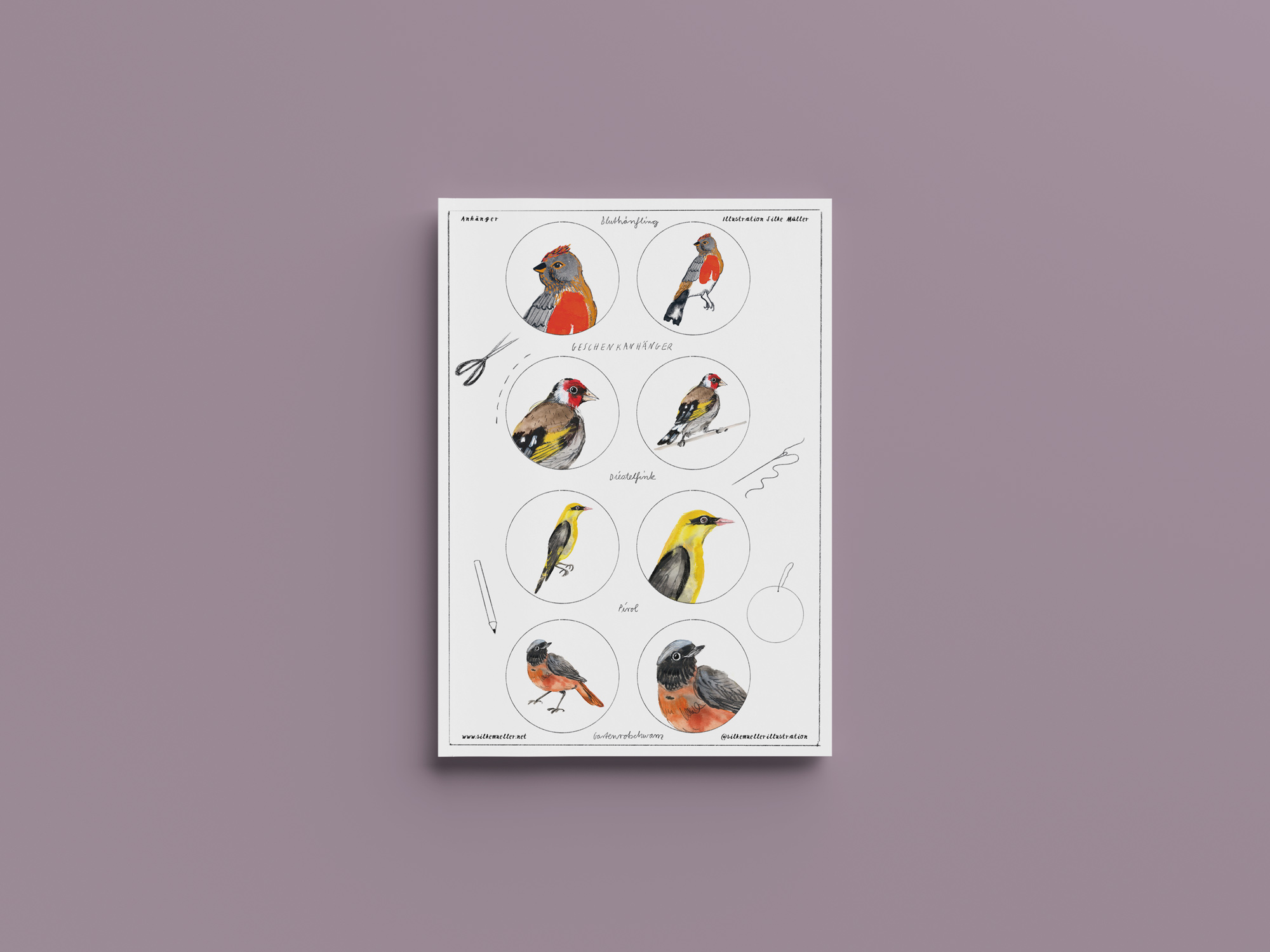 Geschenkanhänger, kostenloser download, Printable zum Kalender für 2022 mit Vögeln, illustriert von Silke Müller