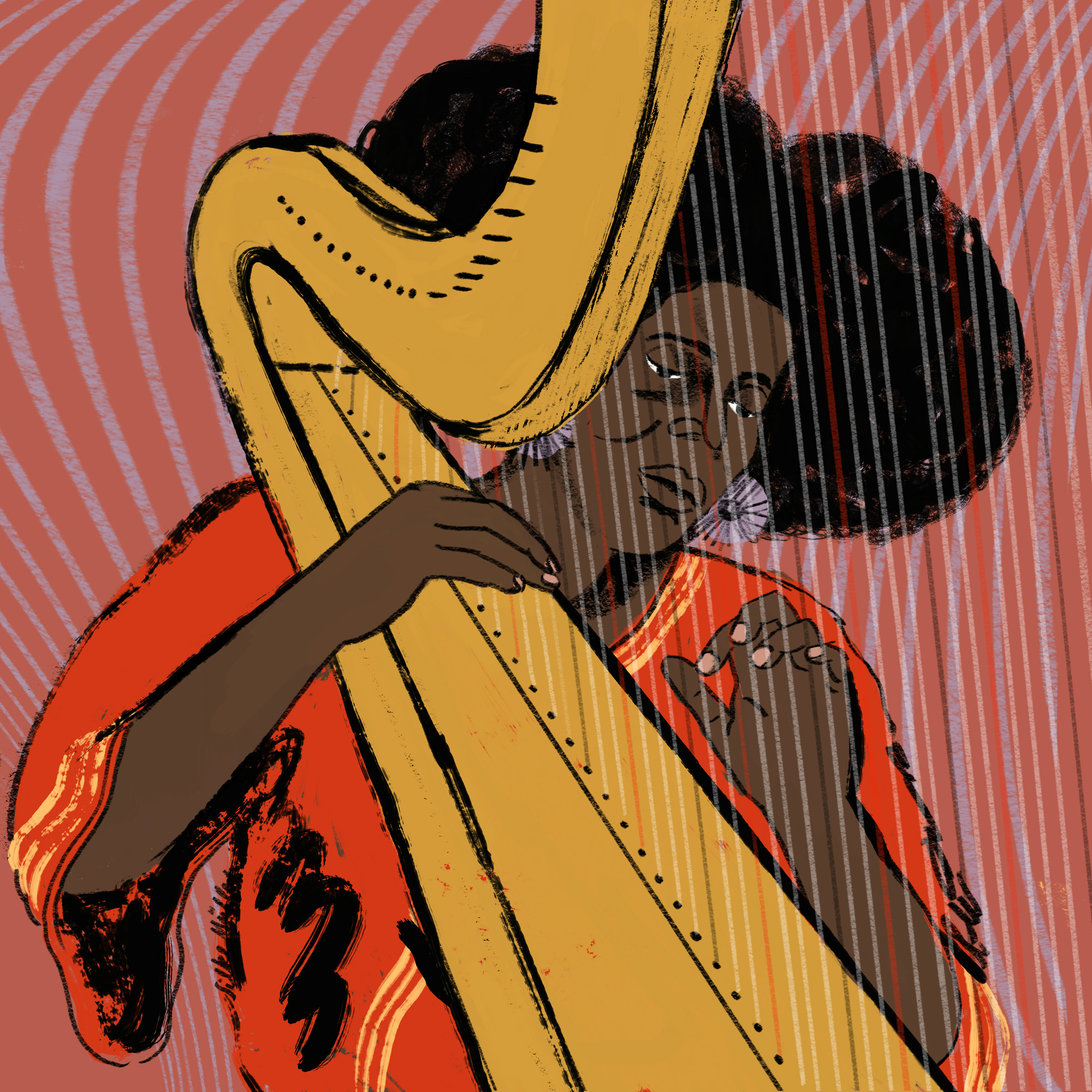 Alice Coltrane playing the harp