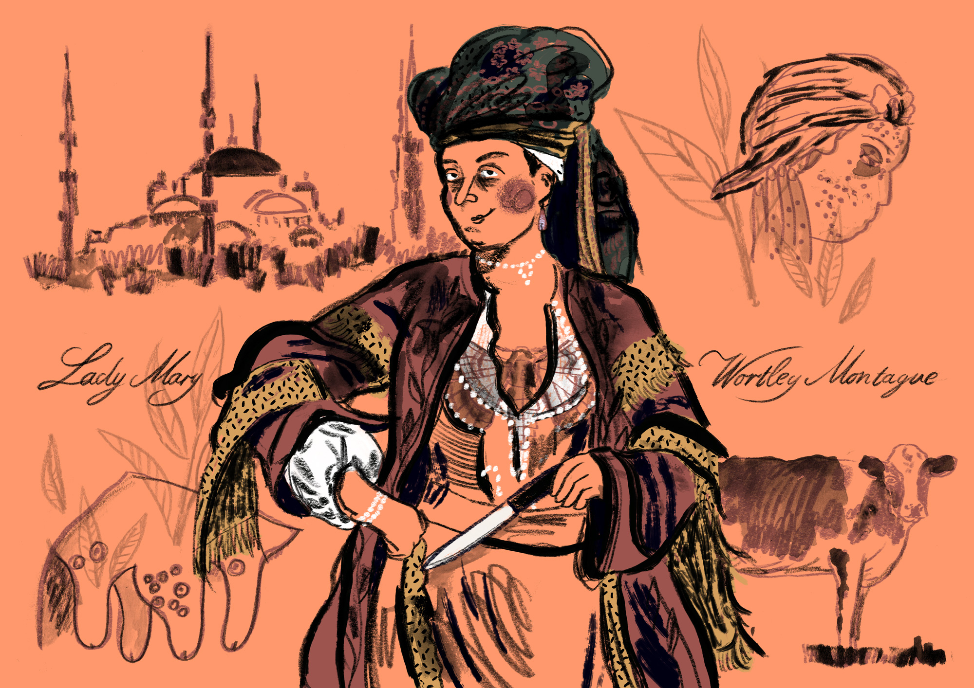 Mary Montague, hat 18Jh Kleidung an und Turban. Sie schaut keck und hat ein Messer in der Hand vor ihrem Bach, damit wurden Wunden für die Pockimpfung geschnitten | Berühmte Frauen | Portrait Illustration Silke Müller