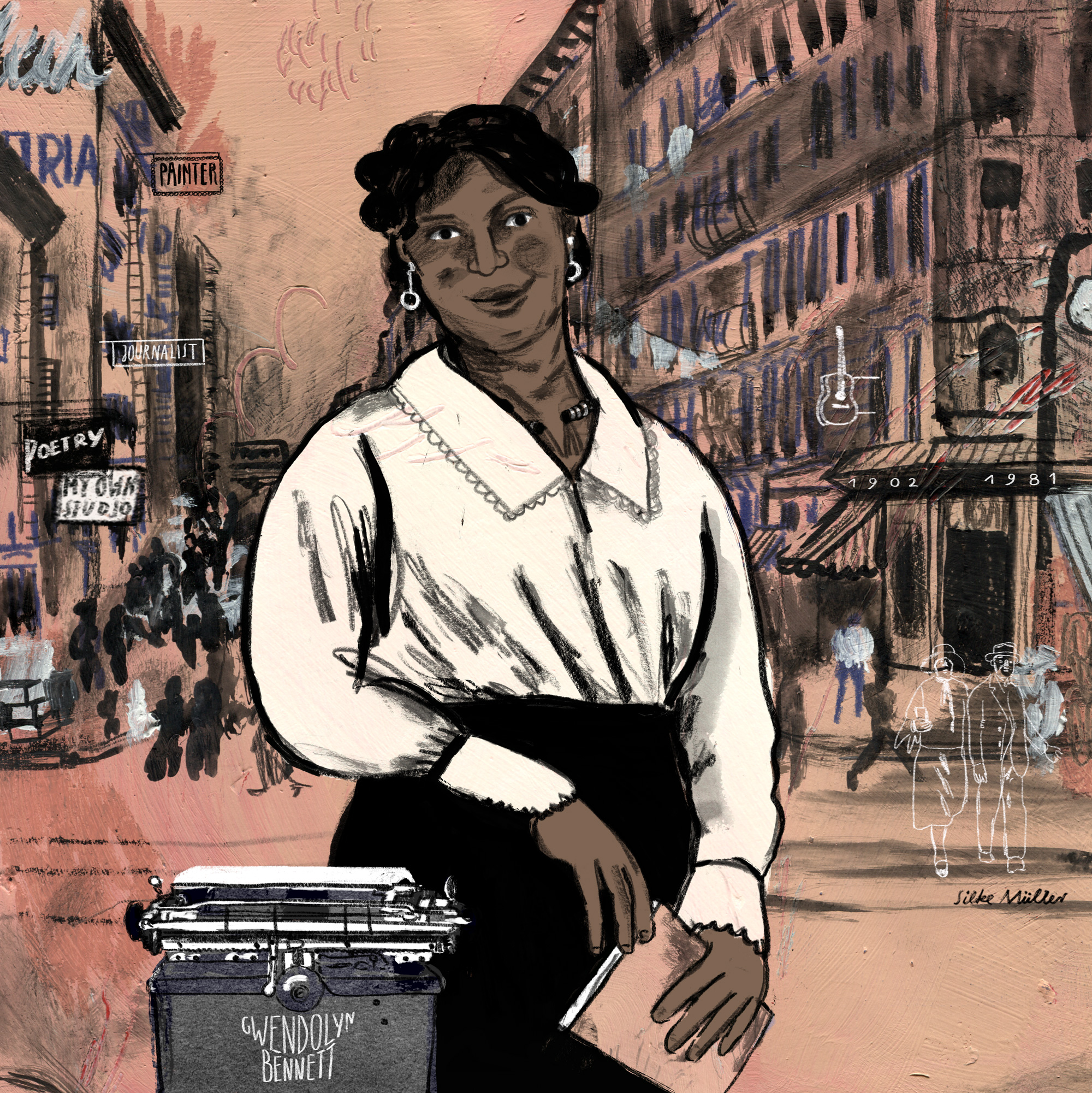 Gwendolyn Bennet an einer Straßenkreuzung in Harlem in den 1920gern, eine Schreibmaschine steht neben ihr, sie hält ein Buch in der Hand | Berühmte Schwarze Frauen | Portrait Illustration Silke Müller