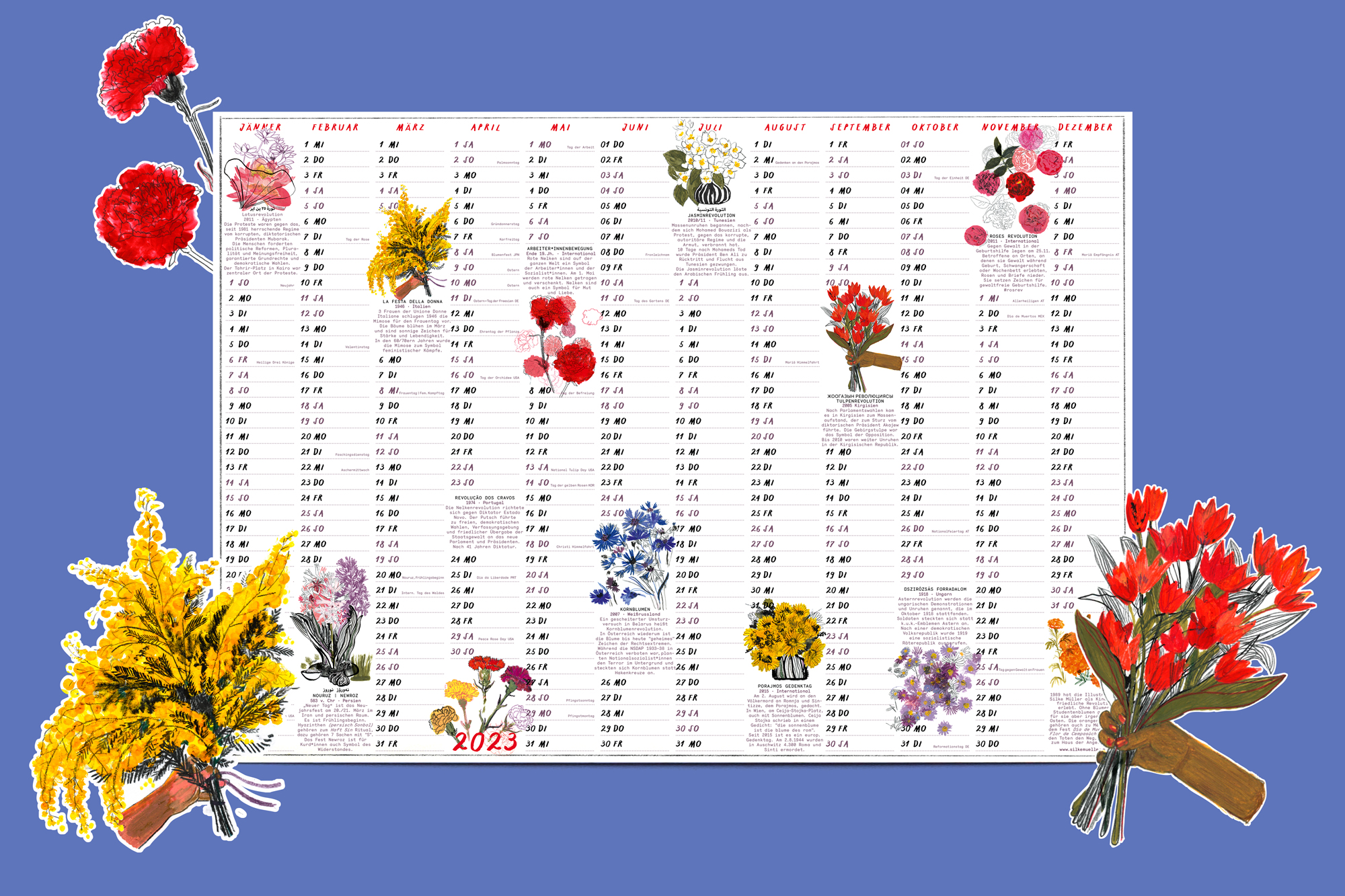Ein Wandkalender mit 12 Blumen und Texten über Revolutionen und politische Bewegungen, Symbolische Bedeutung von Blumen, Illustration Silke Müller , Kalender-2023-Blumen