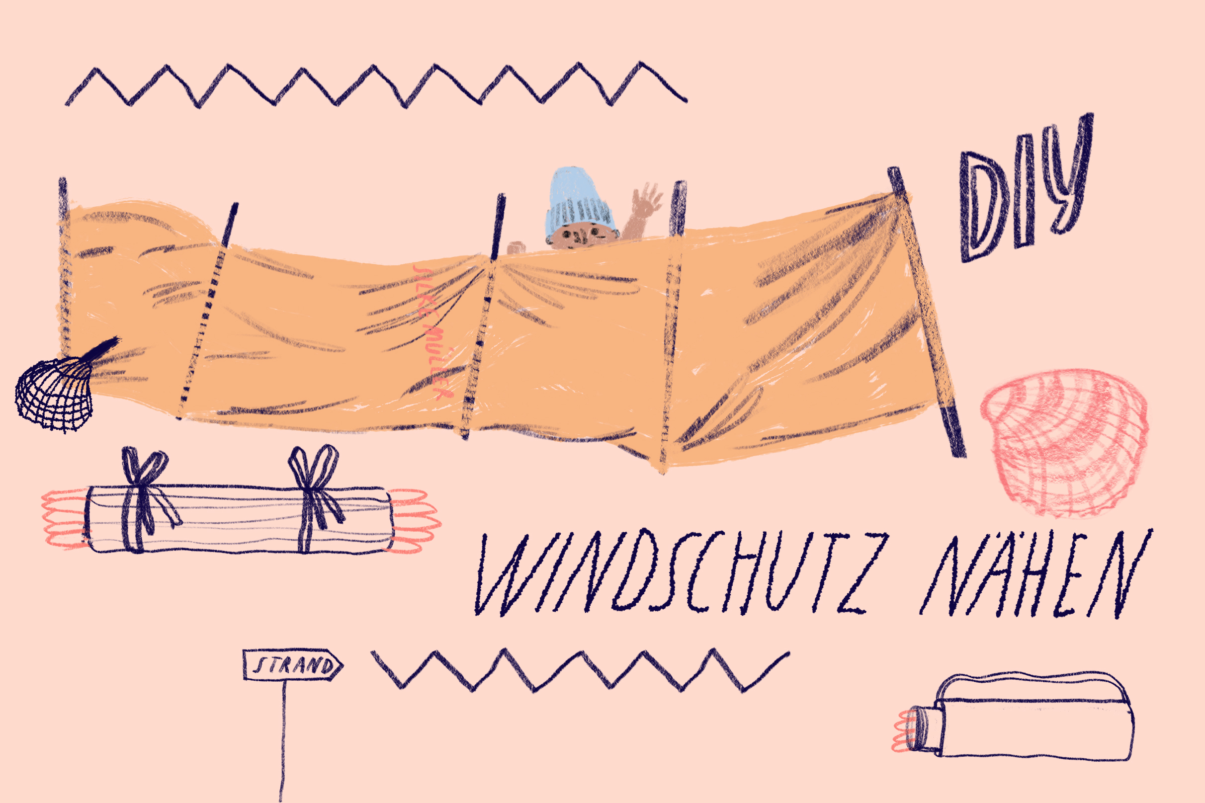 Illustrierte Nähanleitung für einen Windschutz für den Strand | Silke Müller Illustration
