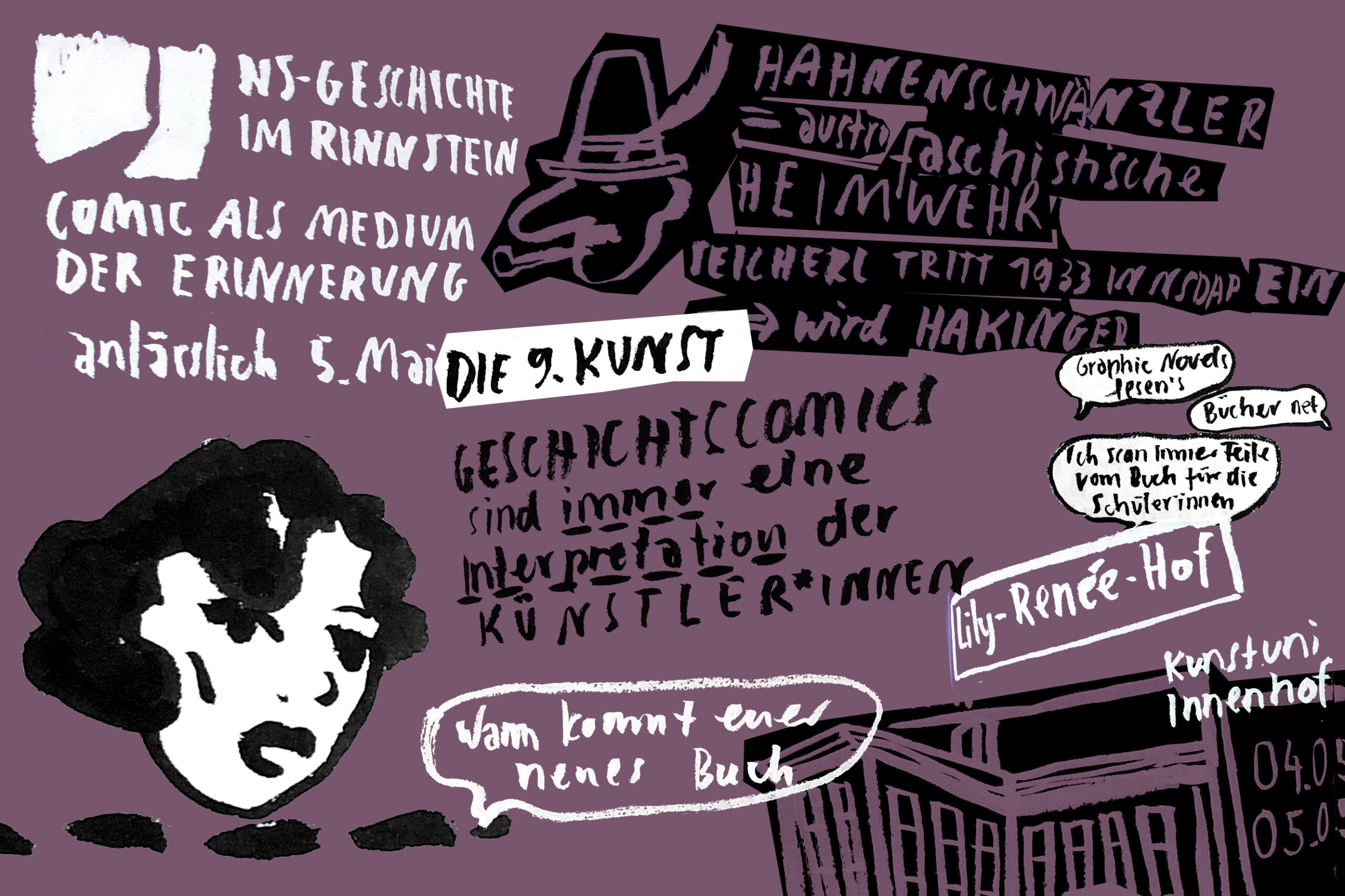 Tagung NS COMICS · Skizzen mit schwarzer Tusche, Sprechblasen, ein Gebäude , ein Mann mit Hut und Hahnenfeder, eine Frau in Comicstil · sketchnotes_silkemueller