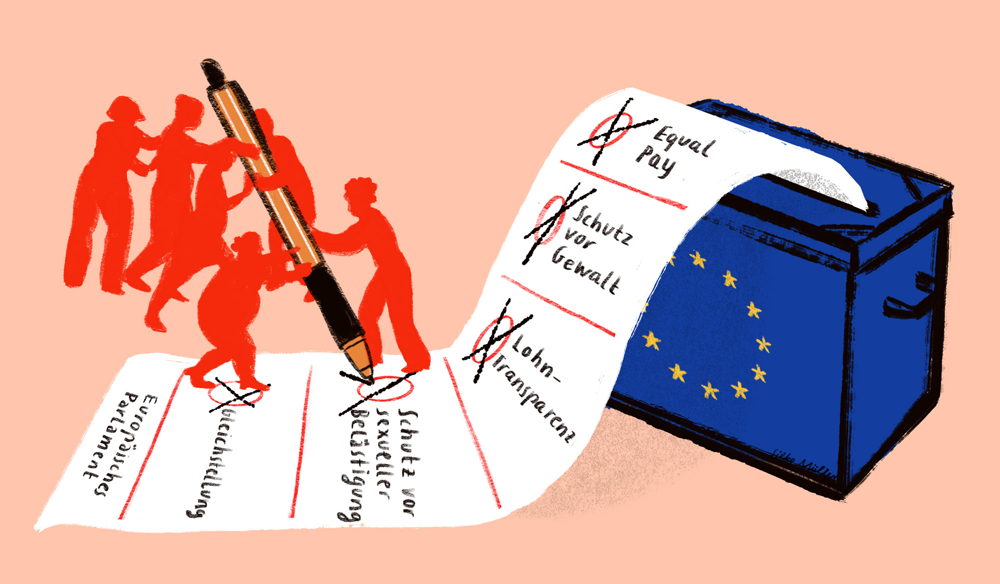 Frauen halten gemeinsam eine überdimensionalen Stift und kreuzen den Wahlzettel für die EU-Wahl an