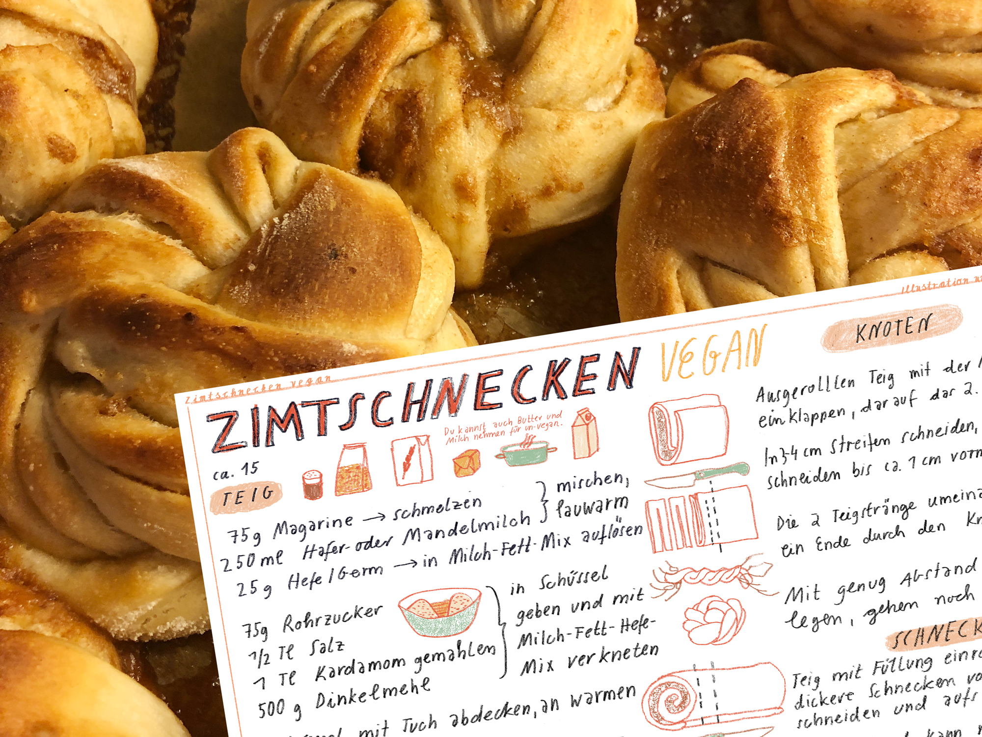 illustriertes Rezept von Veganer, schwedischen Zimtschnecken, vegan Kanelbullar, Cinnabon buns vegan, Illustrationen, Rezept und Backanleitung von Silke Müller